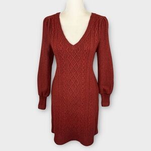 LOFT Red Maternity Puff Sleeve Cable Sweater Dress S Wool Bodycon V-neck NWT